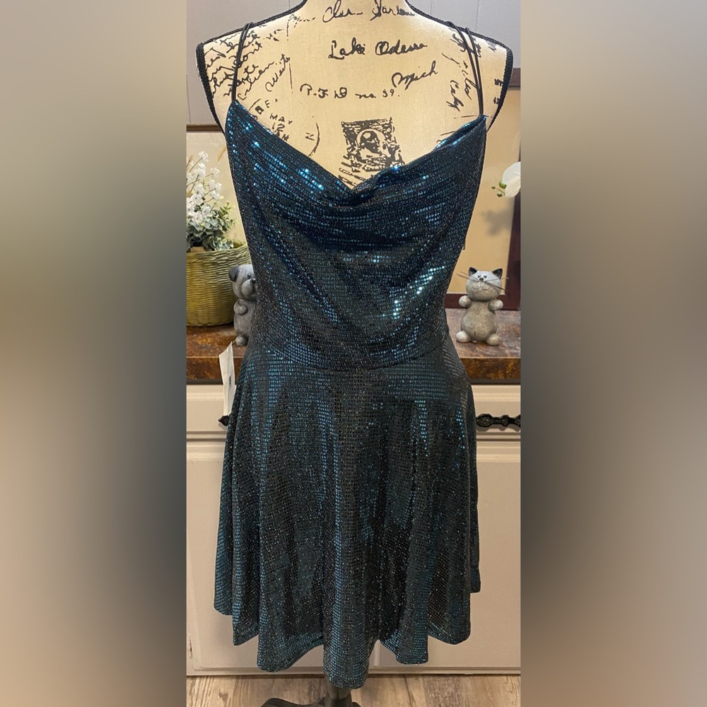 NWT B Darlin Blue Sequin Sparkly Cowl Neck Mini Dress